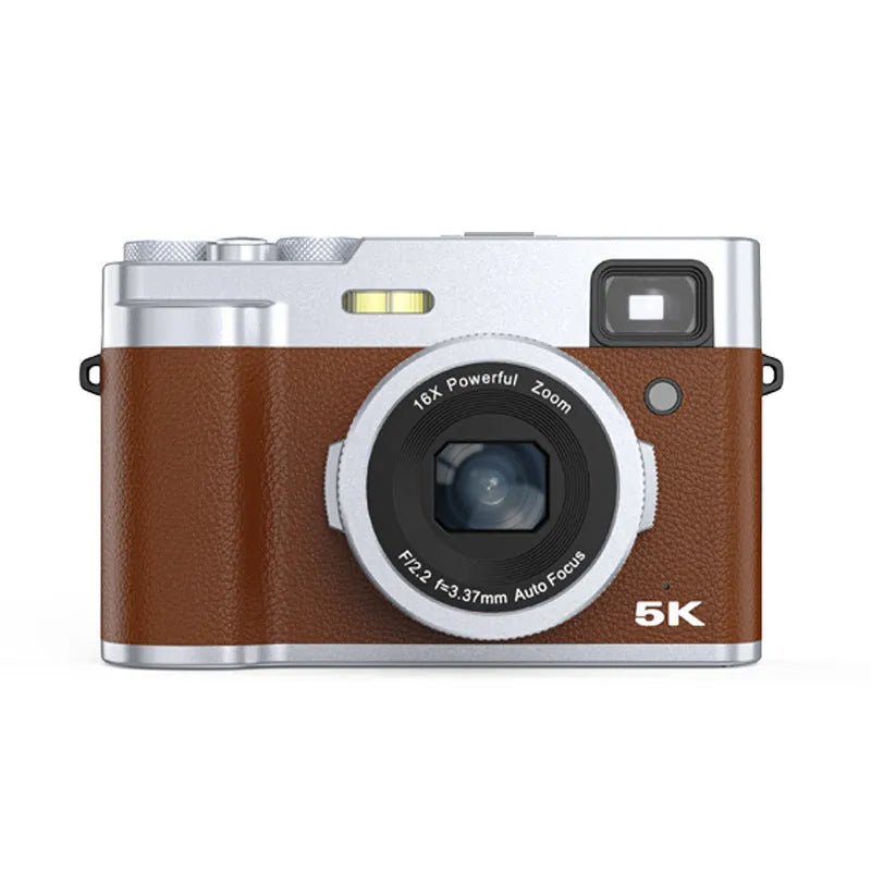 Black or brown 5K HD digital camera with front and rear lenses, optical viewfinder, and 2.88-inch screen.