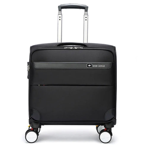 Black 18-inch Oxford cloth carry-on suitcase with a retractable handle and universal wheels.