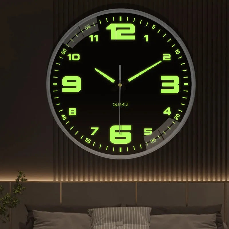 8 inch modern wall clock with luminous hands and black numerals on a light dial.