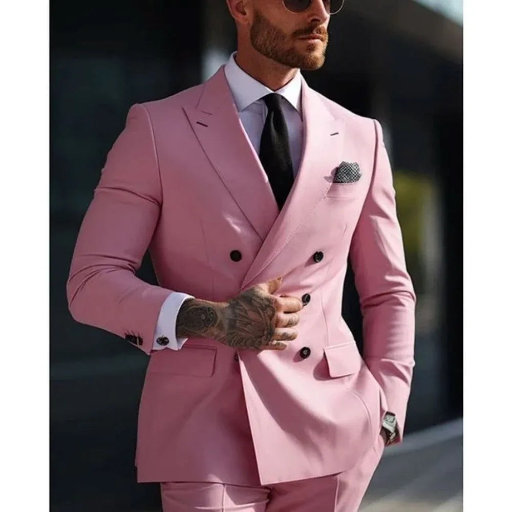 Men's slim fit two-piece suit in Korean style with cotton blend fabric