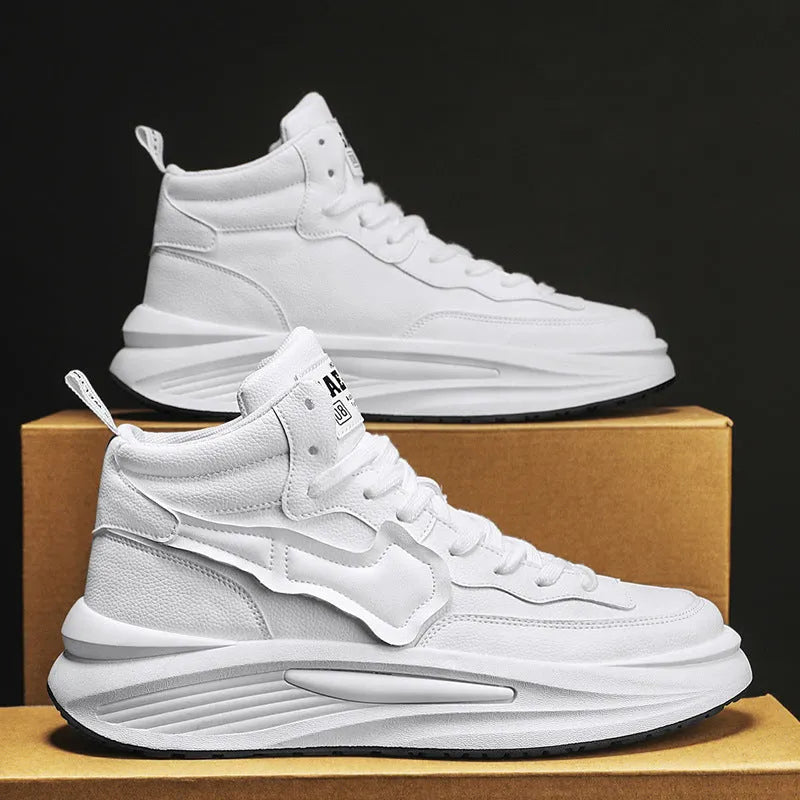 Men's black and white platform high-top board shoes with PU upper and round toe design