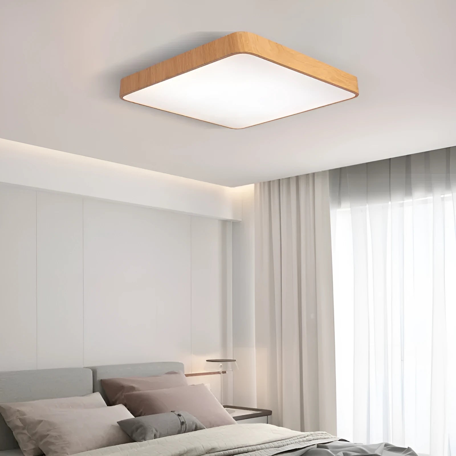 Nordic style square LED light with wood grain finish and iron frame in three size options