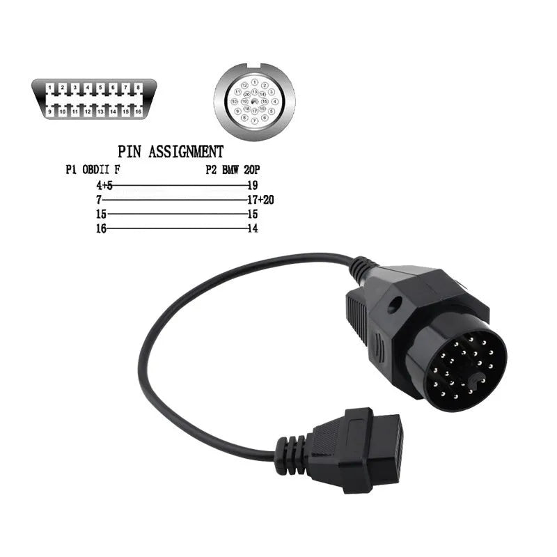 BMW OBD2 diagnostic adapter cable showing 20-pin connector and standard 16-pin OBD2 connector