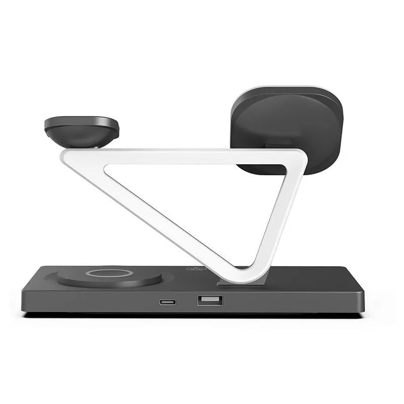Five-in-one wireless charging night lamp showing magnetic bracket, watch charging position, and circular base station