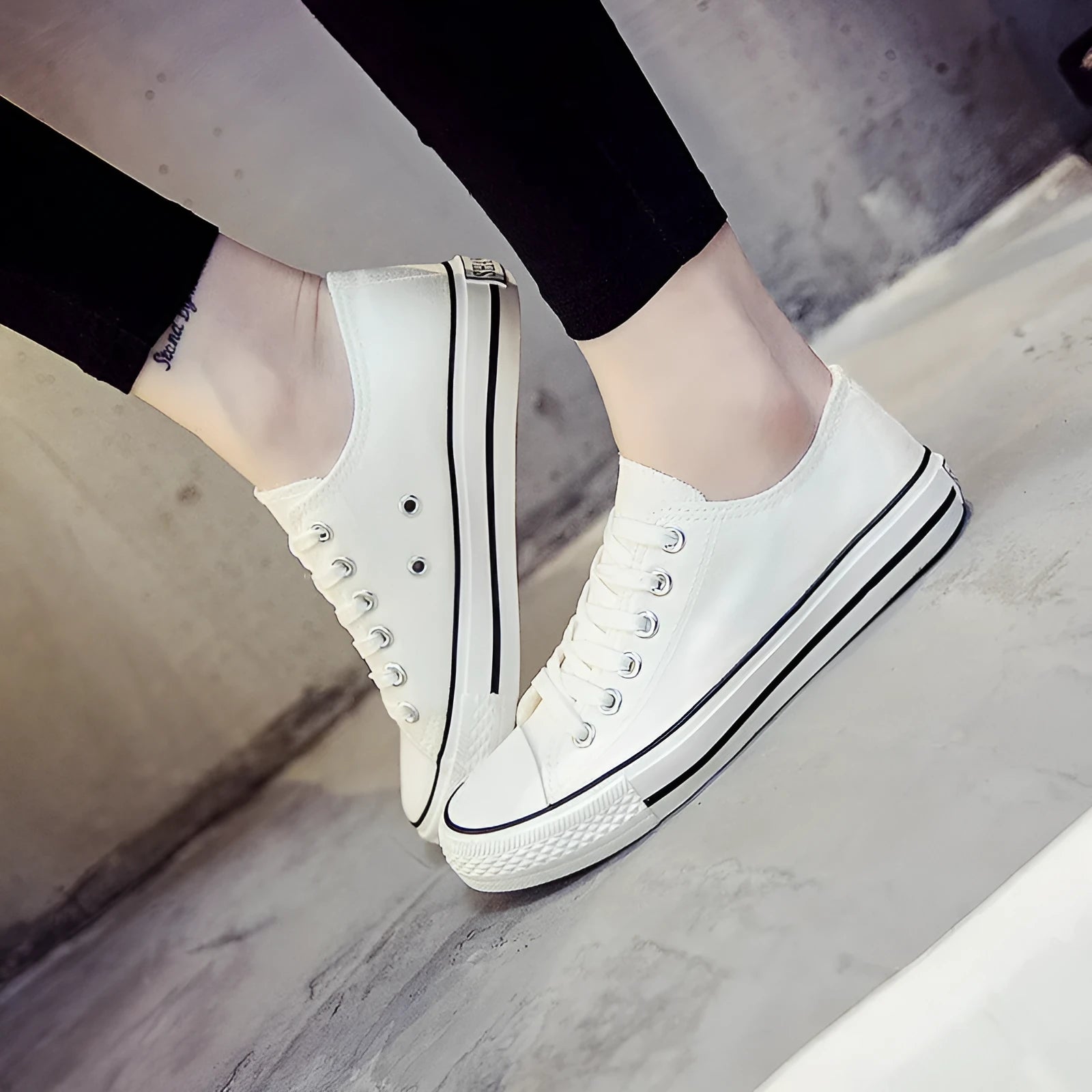 Women's casual canvas shoes in solid colours showing black, white black, white red, and all black options