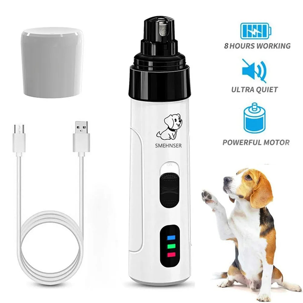 White and grey electric dog nail grinder with LED lights on a blue background