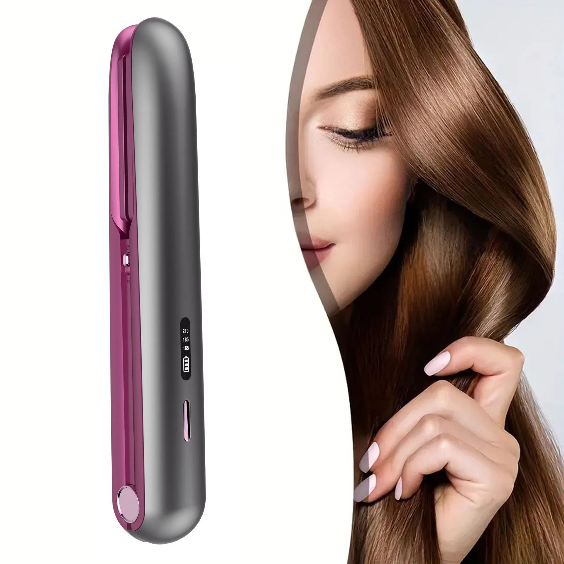 Moon shadow grey wireless hair straightener with tourmaline ceramic plates showing temperature control buttons