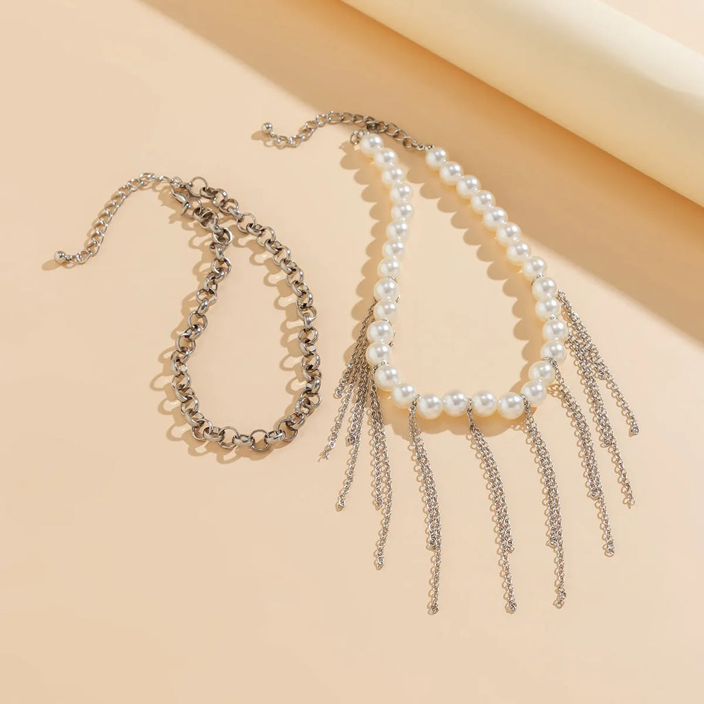 Double-layer retro necklace with imitation pearls, geometric iron pendant, tassel chain, and ball bead chain in White K finish