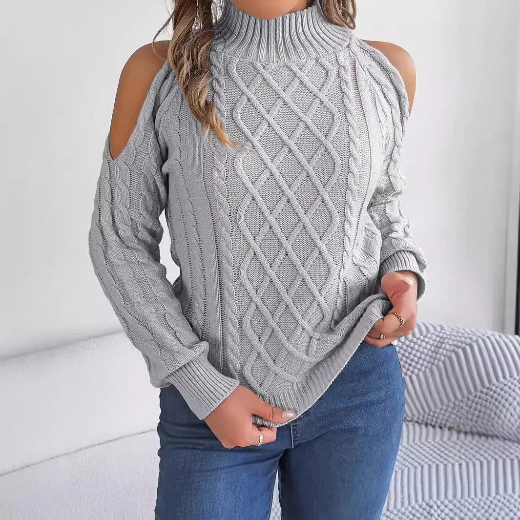 Women's strapless acrylic sweater with twist detail, half-high collar, and long lantern sleeves