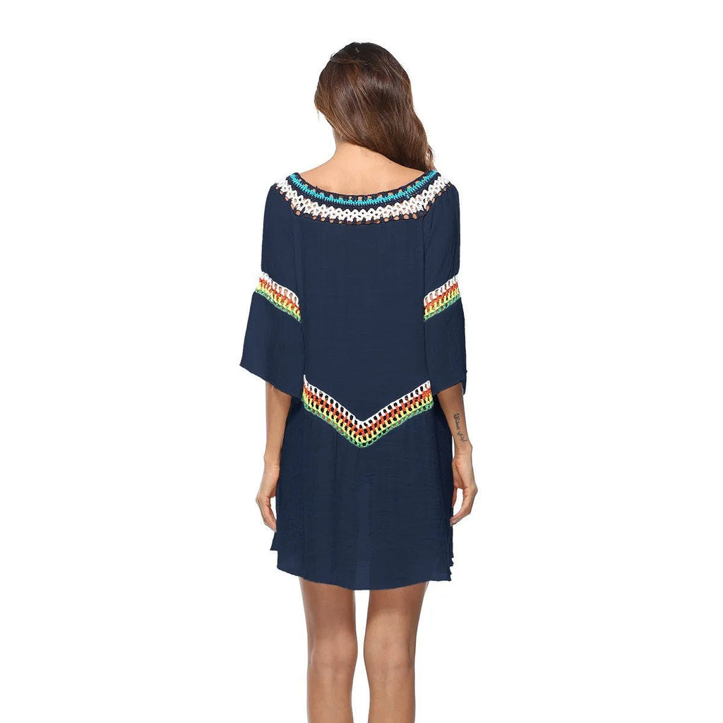 Women's crocheted polyester beach cover-up in apricot colour, shown as a sun protection top for swimming.