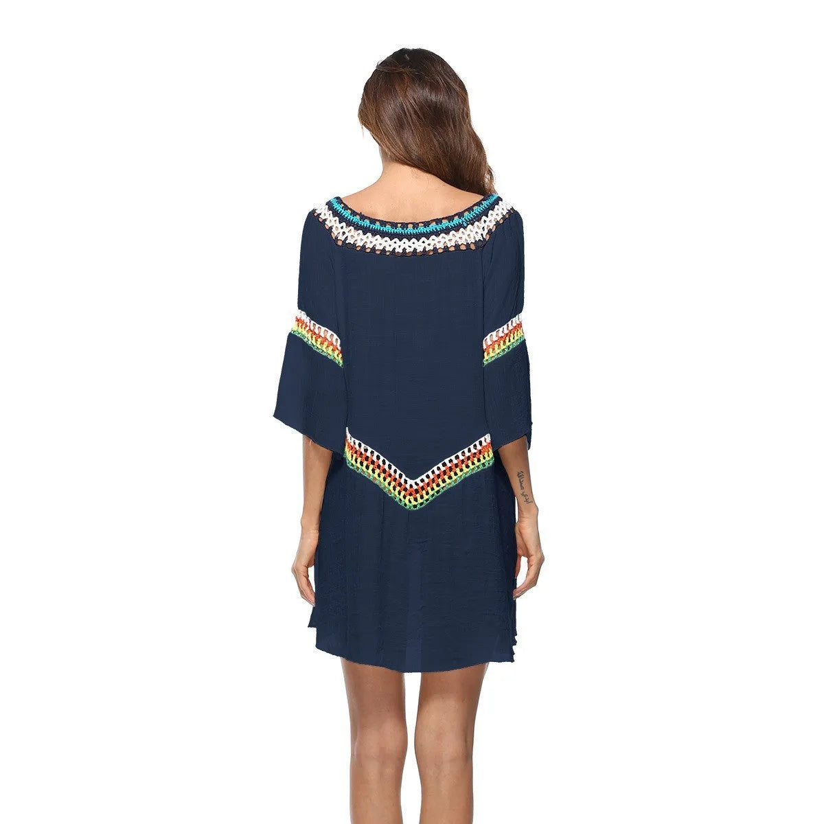 Women's crocheted polyester beach cover-up in apricot colour, shown as a sun protection top for swimming.