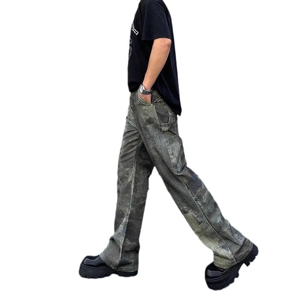 Men's straight leg jeans with retro camouflage pattern on cotton denim fabric