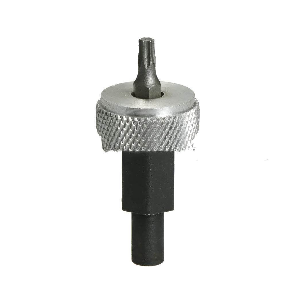 Close-up of a carbon steel ignition module wrench with knurled aluminium knobs, shown with a 7/32" hex bolt.