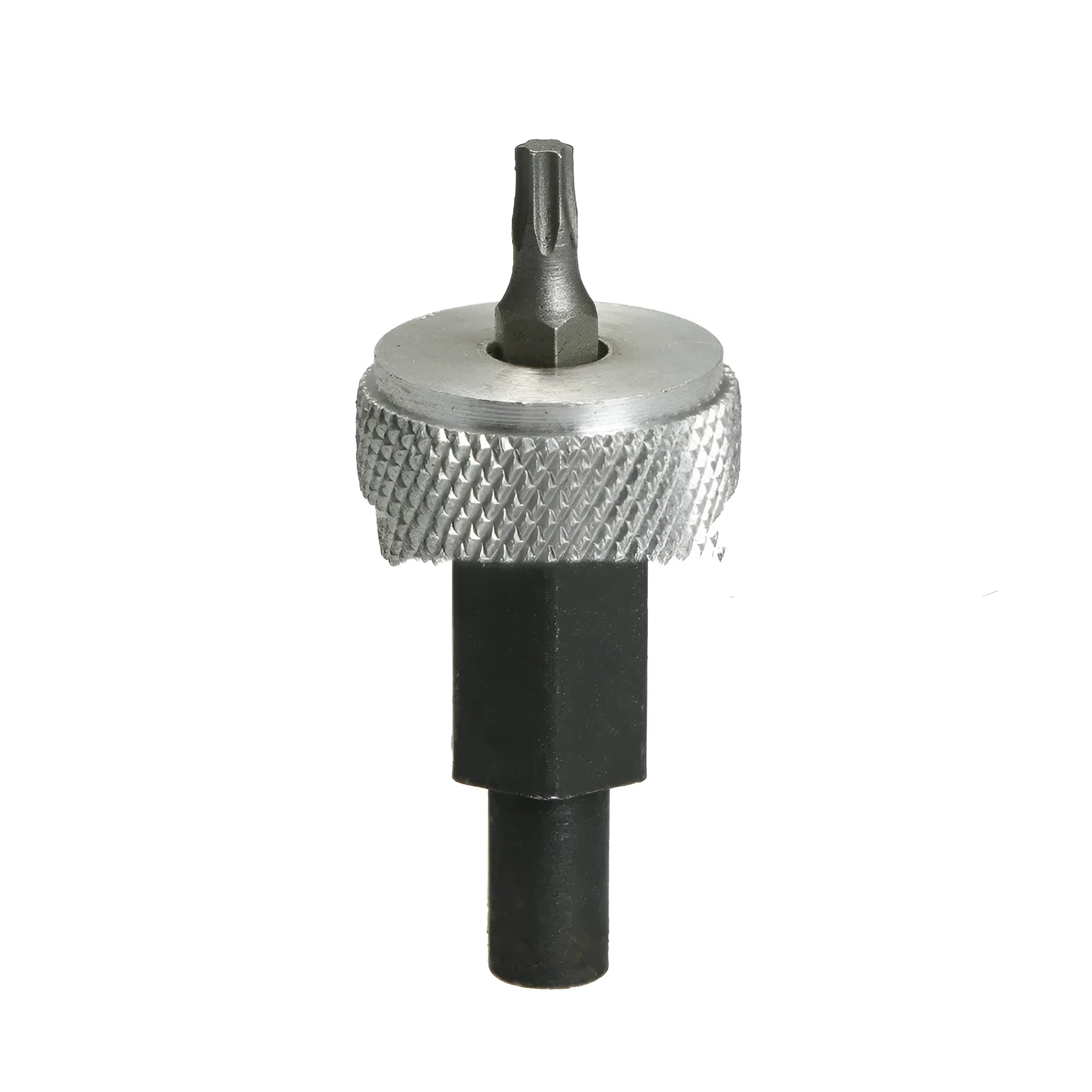 Close-up of a carbon steel ignition module wrench with knurled aluminium knobs, shown with a 7/32" hex bolt.