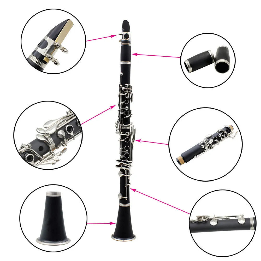 Black Bb soprano clarinet with Bakelite body and nickel 17-key mechanism with carrying bag