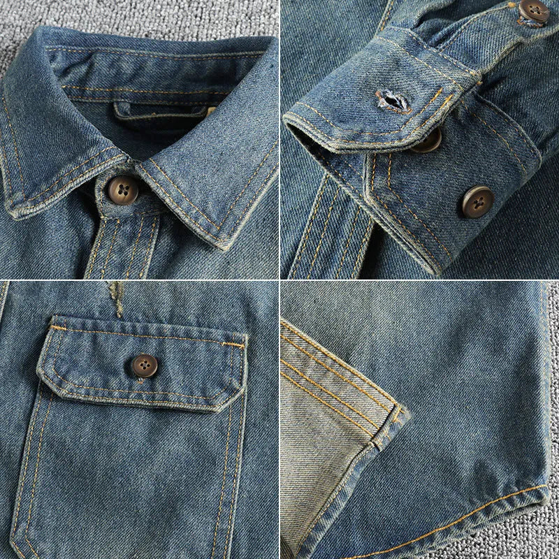 Men's light blue washed vintage denim shirt with long sleeves loose fit