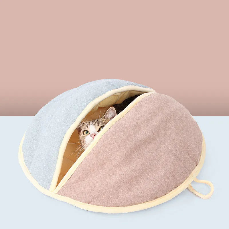 Round fan cotton and linen semi-enclosed pet nest for cats and small dogs, 55x60cm, in green