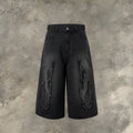 Men's black cotton denim shorts with flame embroidery detailing on straight cut casual design