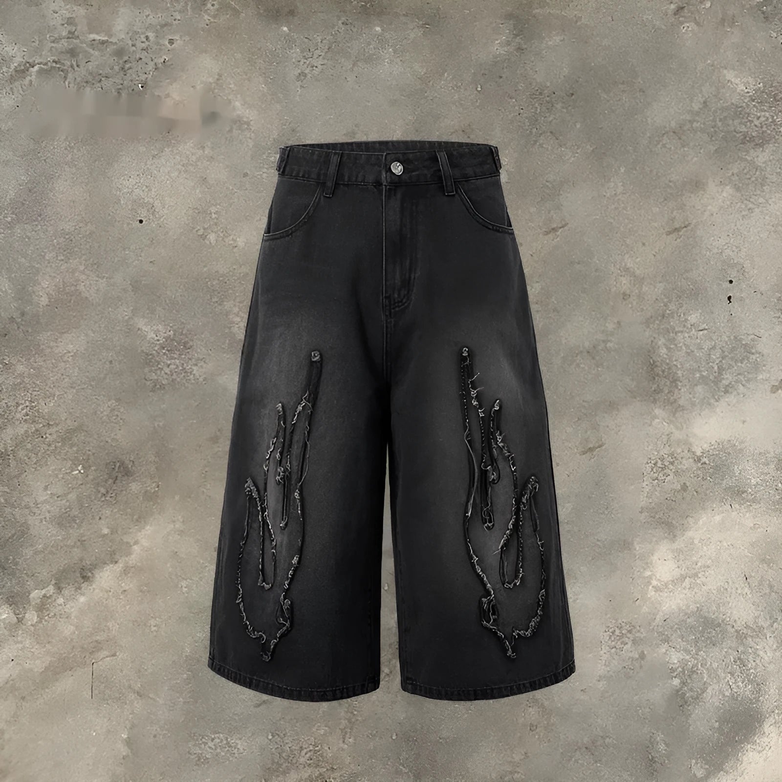 Men's black cotton denim shorts with flame embroidery detailing on straight cut casual design