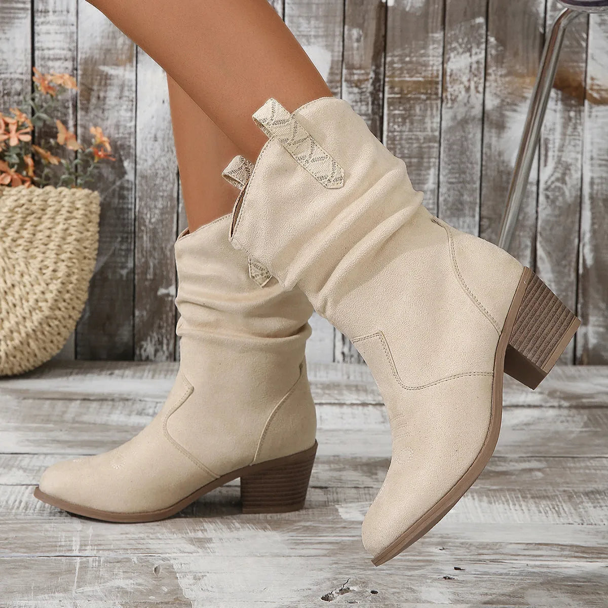 Women's mid-calf suede boots in Lotus Root colour with a mid heel and rubber sole.