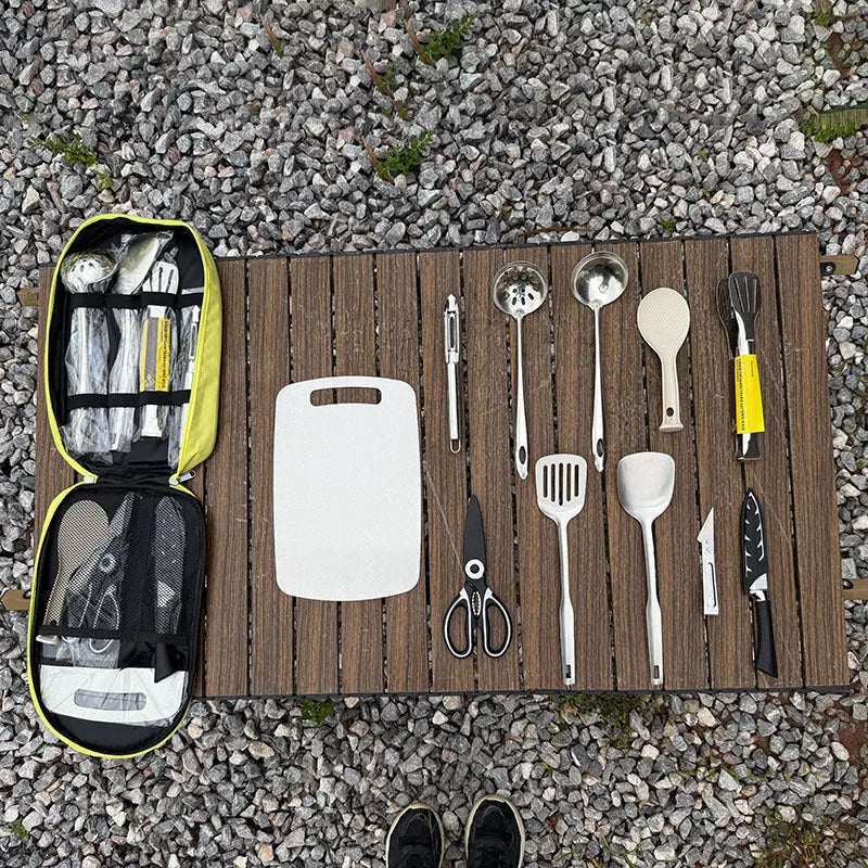 12-piece stainless steel picnic cutlery set in khaki storage bag with fork knife spoon utensils