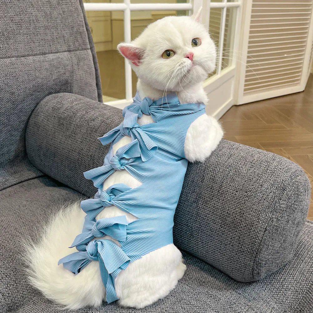 Lace-up cat sterilisation clothing in polyester fabric showing adjustable fastening and available colour options