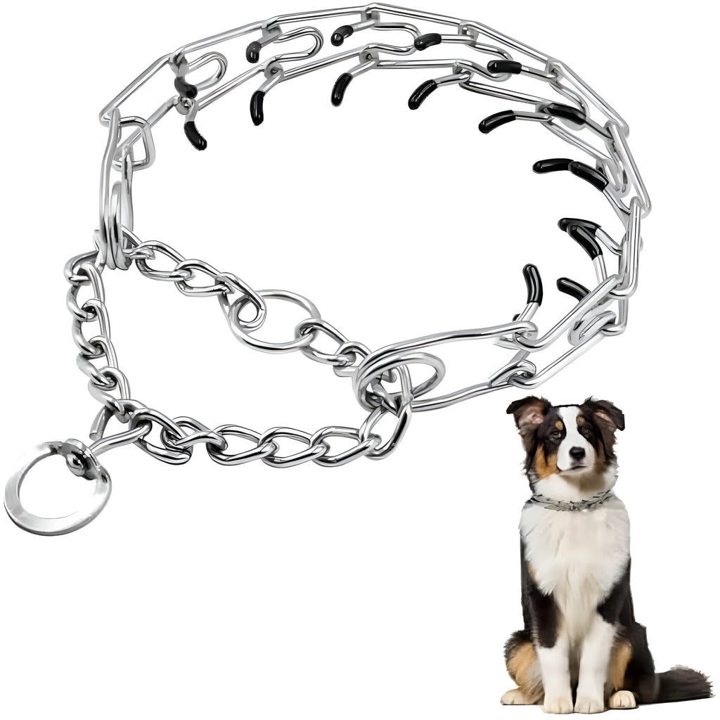 Stainless steel dog pinch training collar with round links and black rubber tips, shown on a size chart.