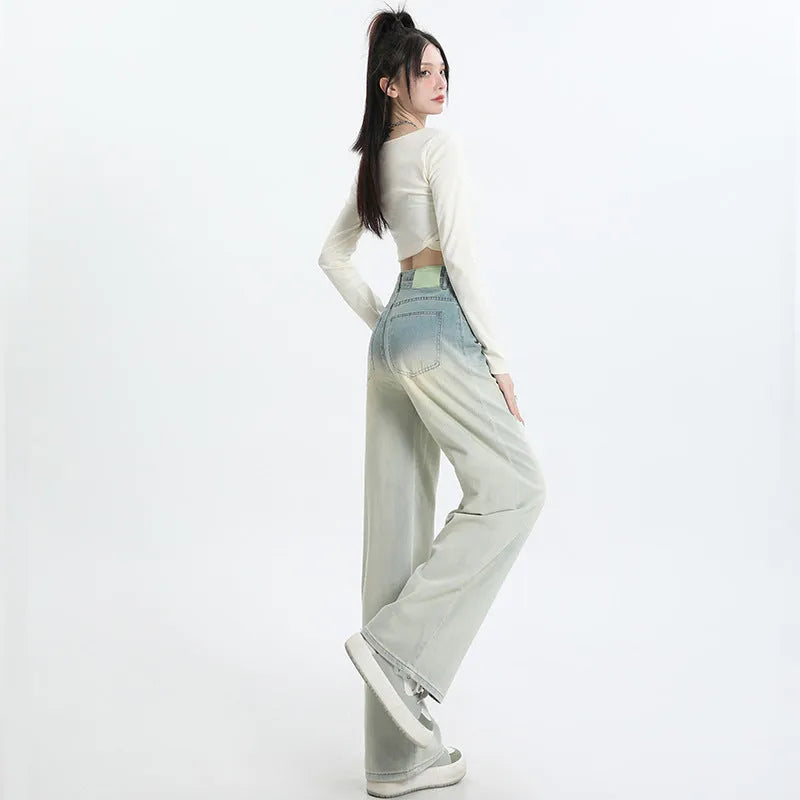 Women's gradient blue straight-leg wide-leg denim jeans in cotton fabric