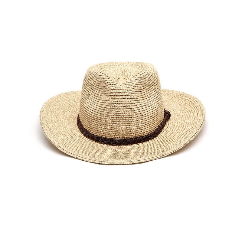 Men's foldable straw sun hat with big brim in mixed beige colour showing three size options