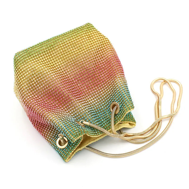 Soft rhinestone bucket bag with sparkling fabric texture in a selected colour