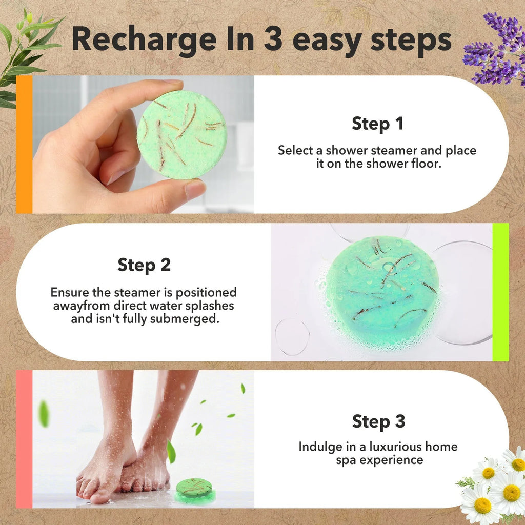 Set of eight round dried flower fragrance shower pieces, 35g each, bath salts type