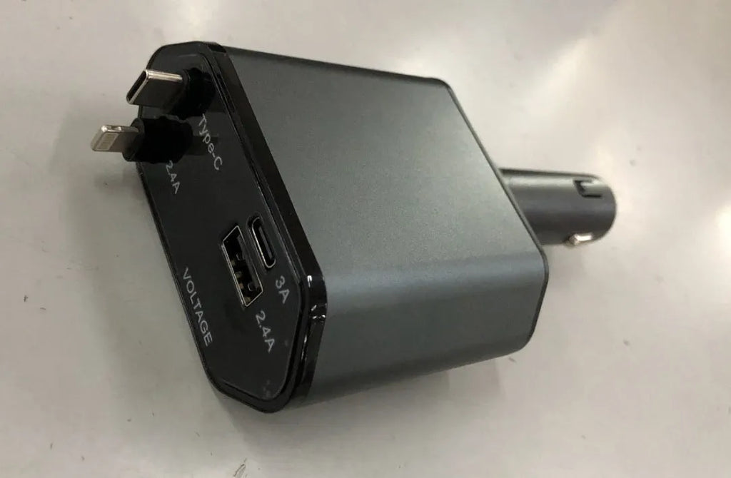 Car USB charger with retractable cable and four charging ports for multiple devices