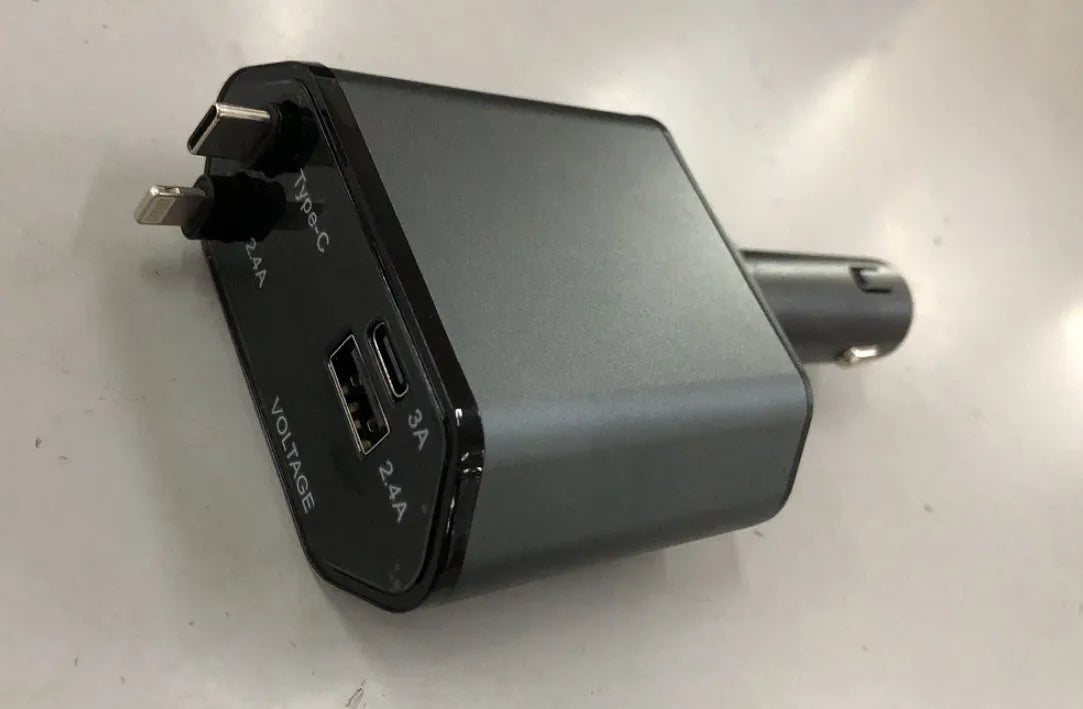 Car USB charger with retractable cable and four charging ports for multiple devices