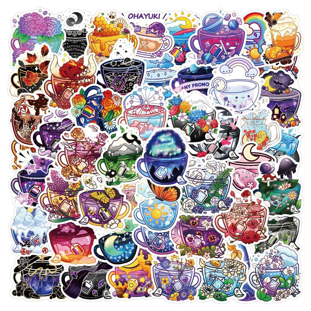 Pack of colourful tea cup graffiti design waterproof stickers for DIY scooter and luggage personalisation.
