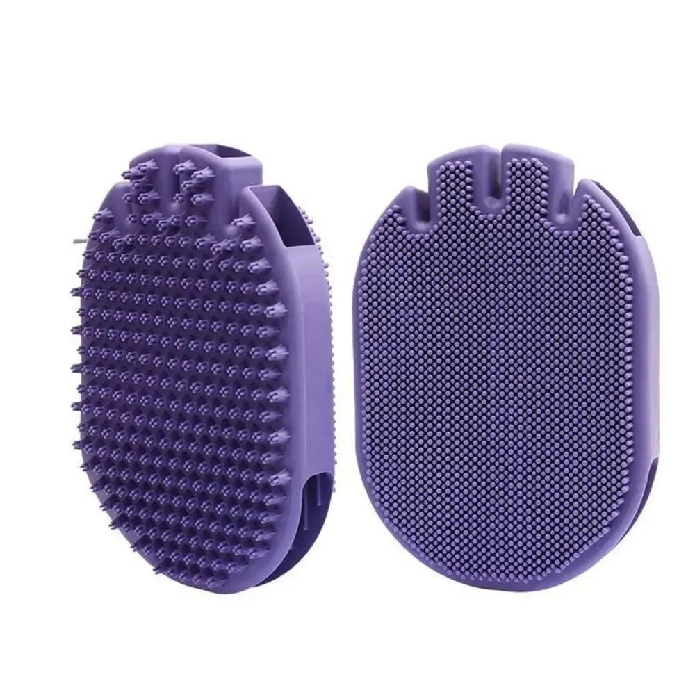 Purple massaging pet shampoo brush with soft TPR bristles, dual-sided dog grooming tool on white background