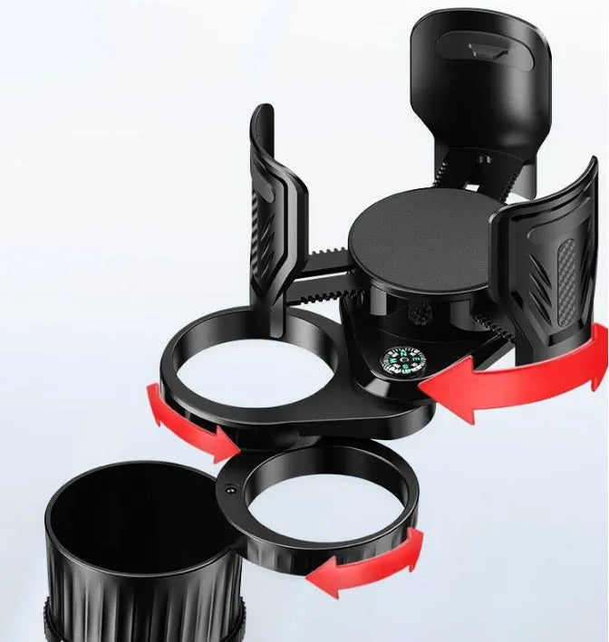 Black car cup holder with retractable base and carbon fibre pattern, shown holding a water bottle.