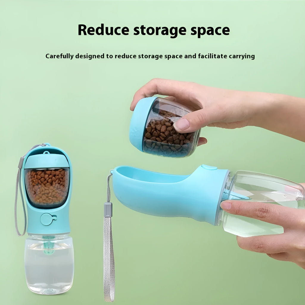 Portable dual-use dog water bottle with split grain cup design in blue, pink, or white colours