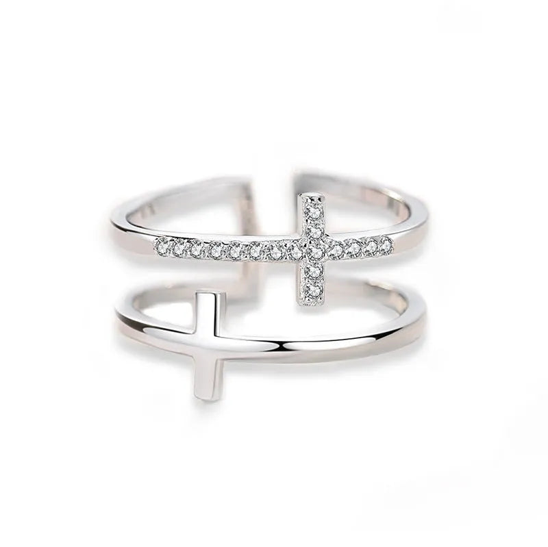 Adjustable double cross women's ring with zircon gemstones in copper band with electroplated finish
