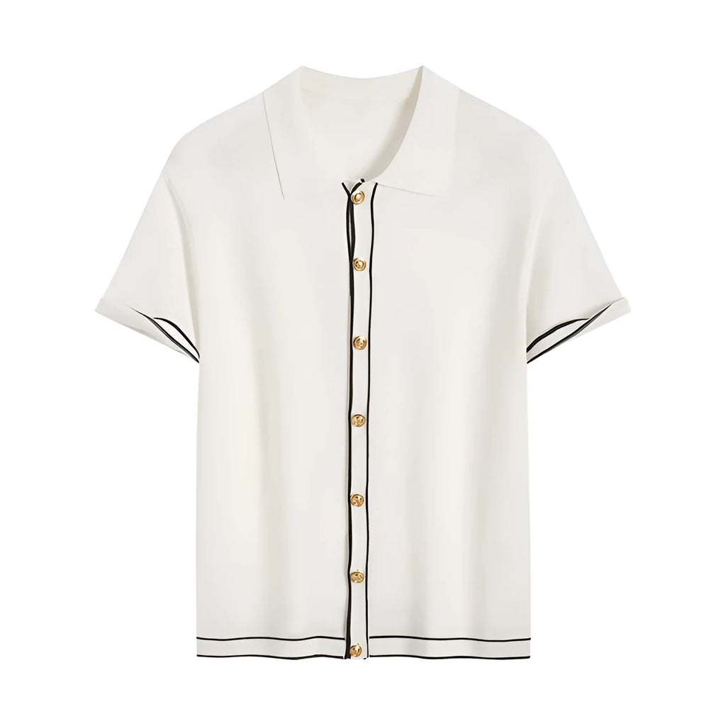 White women's short-sleeve cardigan with contrasting colour lapels laid flat.