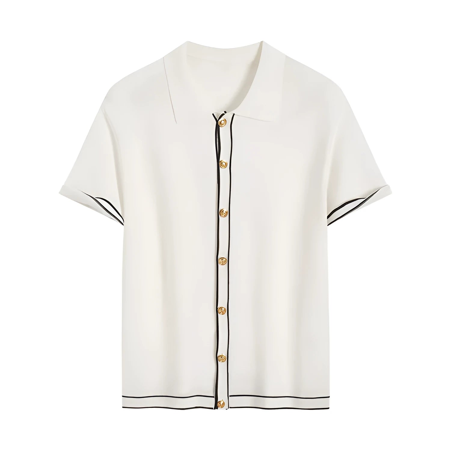 White women's short-sleeve cardigan with contrasting colour lapels laid flat.