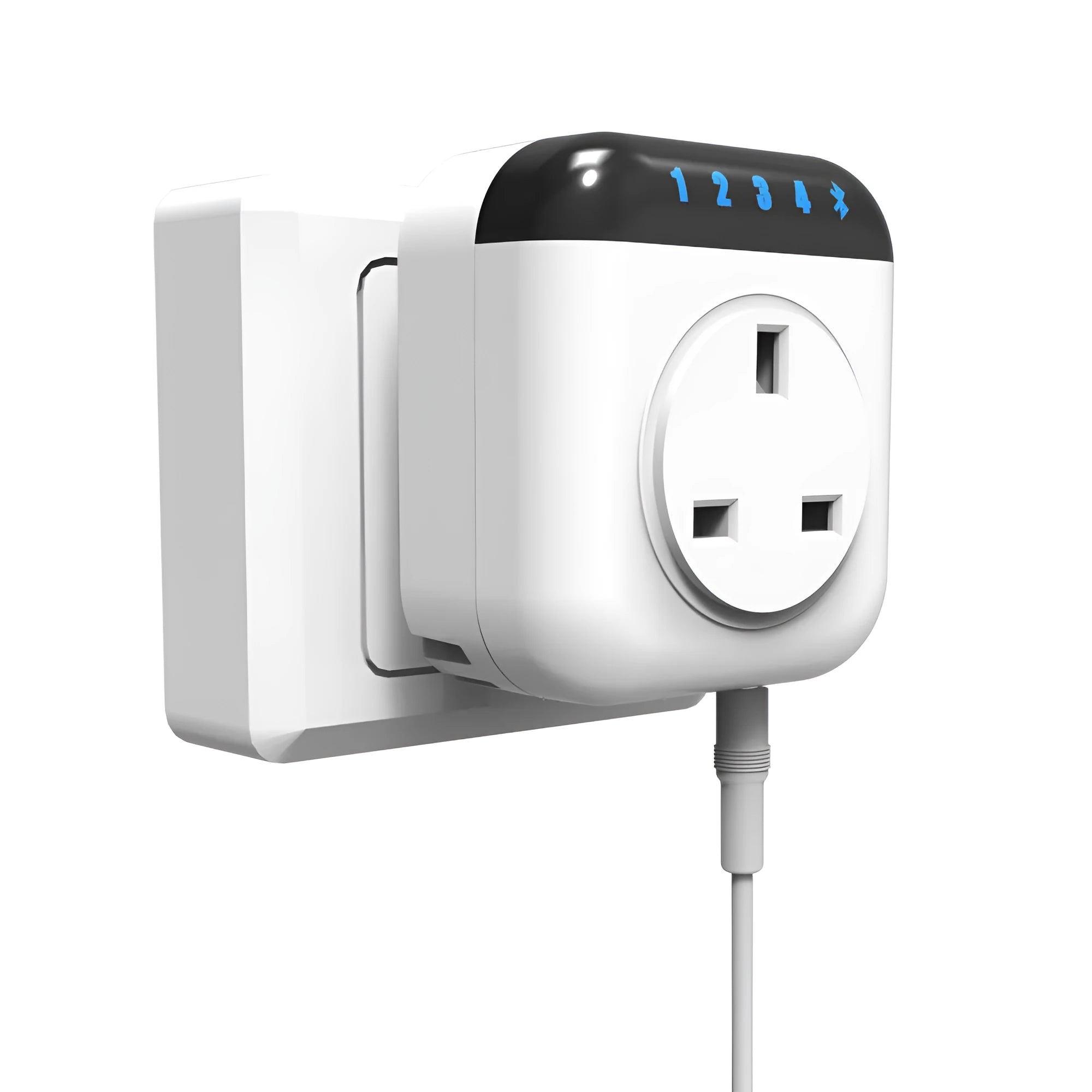 White Tuya smart temperature control socket with US 3-pin plug and external temperature sensor probe.