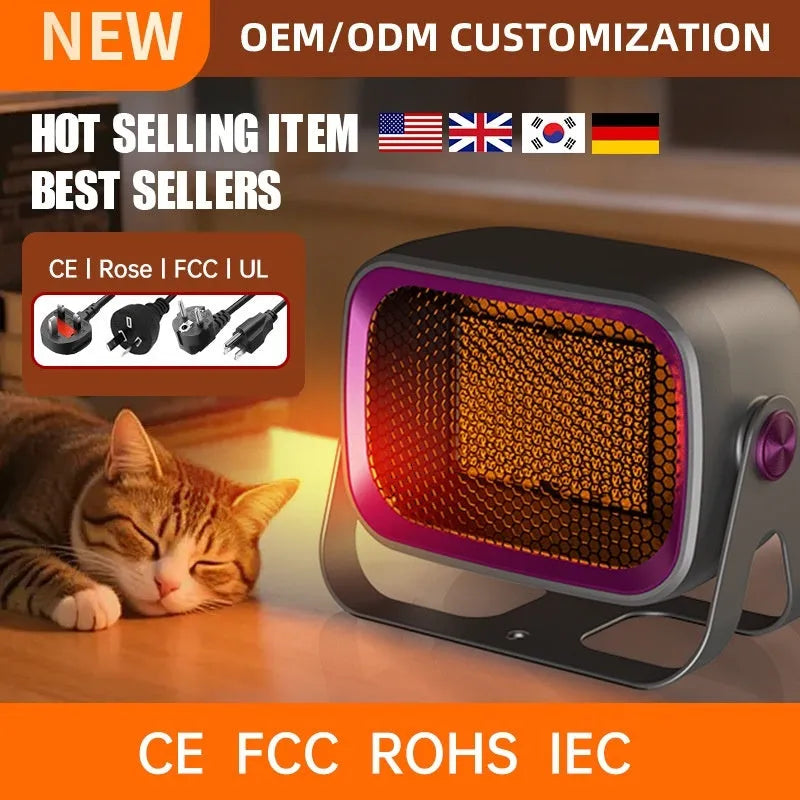 Compact grey desktop heater with rotating design and PTC ceramic heating for small rooms