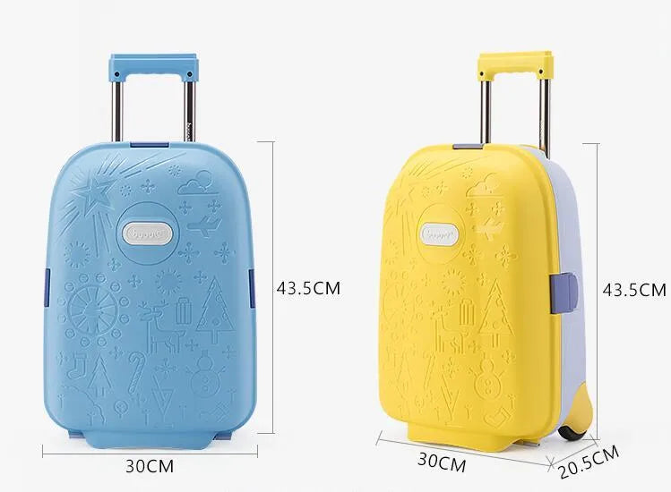 16-inch mini cartoon hard shell suitcase in printed blue with telescopic handle and single-directional wheel