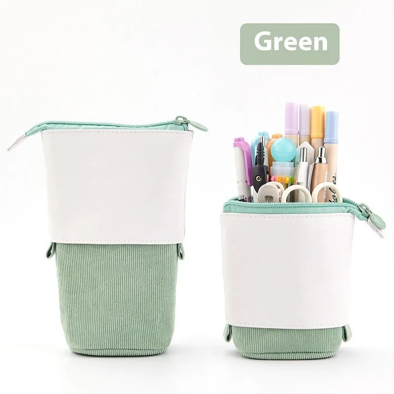 PU corduroy stationery case with drop-down telescopic opening in Korean style design