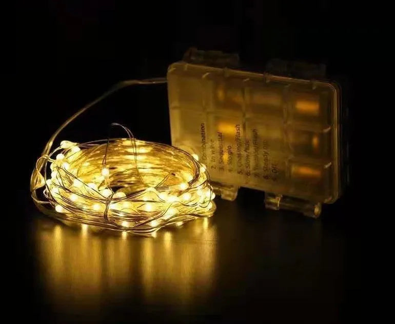 12 metre copper wire battery-operated string lights with 120 LED lamps in multiple colour options