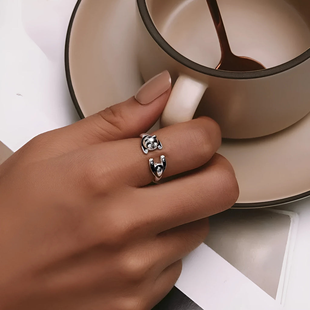 Sterling silver adjustable ring bracelet with panda animal design and white gold plating
