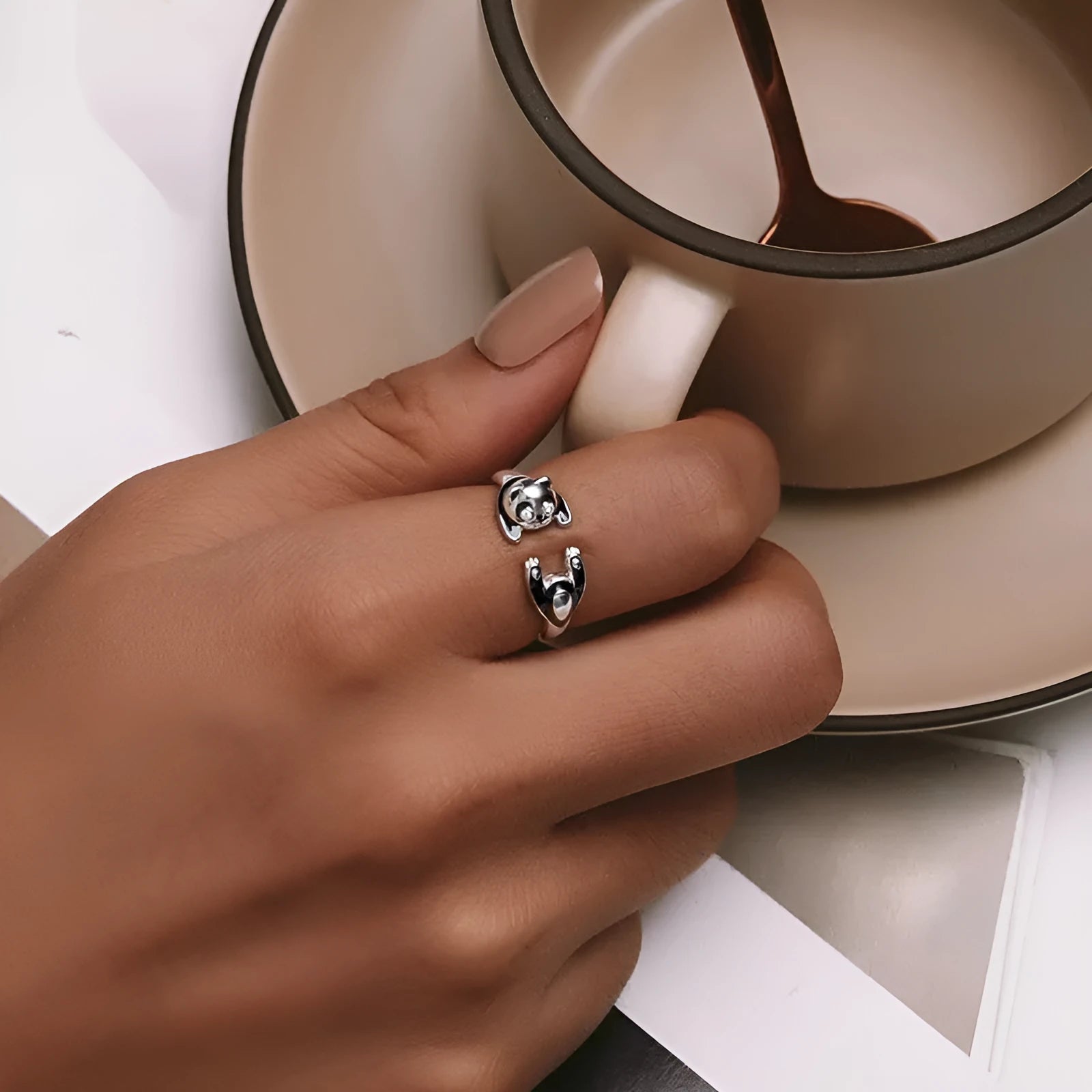 Sterling silver adjustable ring bracelet with panda animal design and white gold plating