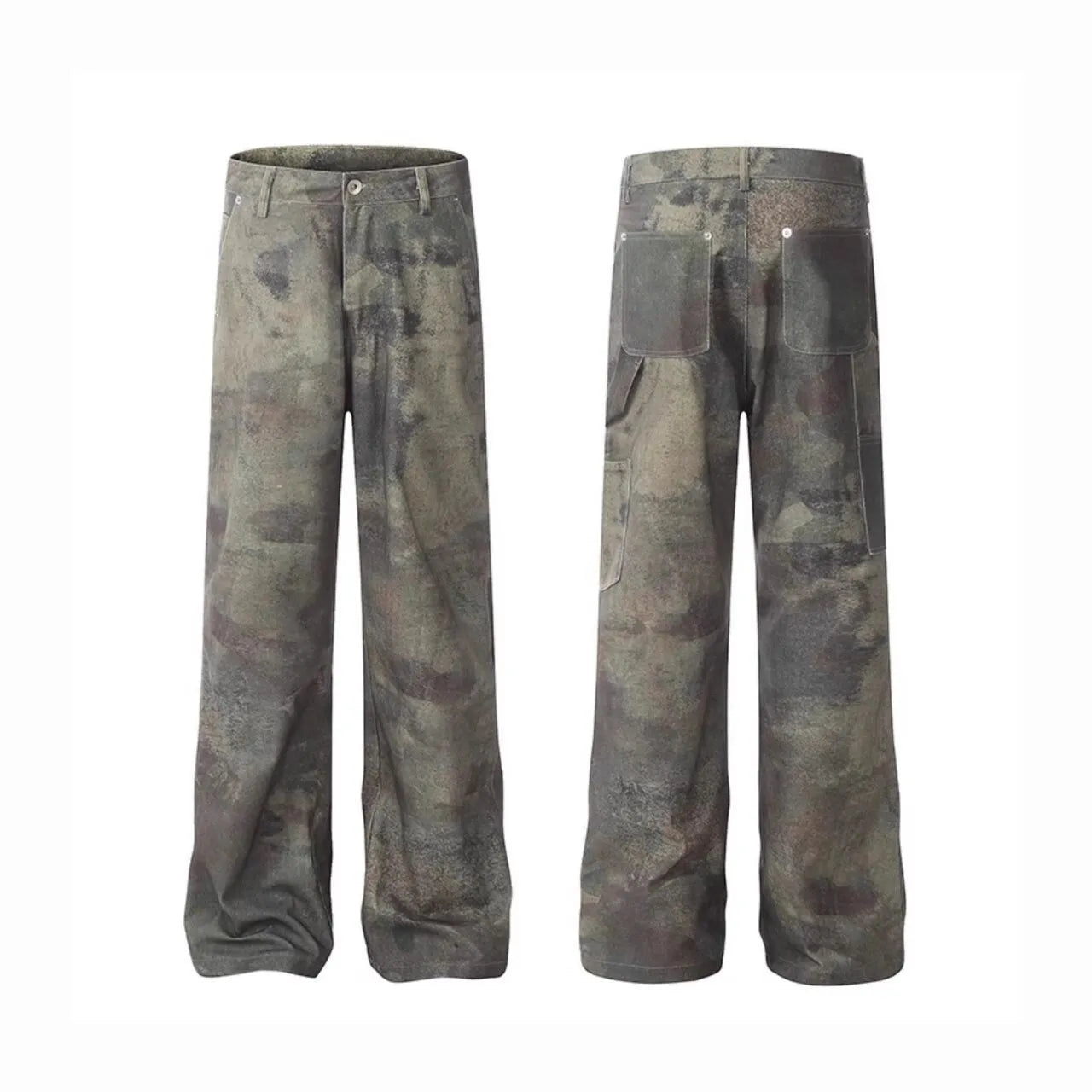 Men's straight leg jeans with retro camouflage pattern on cotton denim fabric
