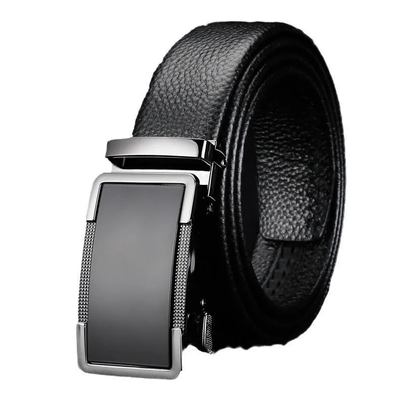 Men's automatic buckle leather belt in gun black, silver, and gold colour options showing the comfort click mechanism.
