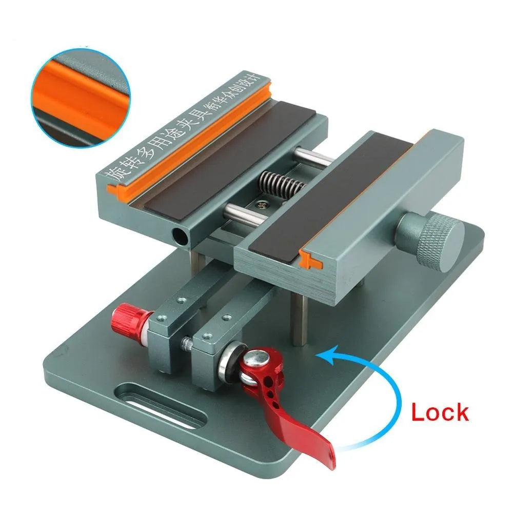 Black mobile phone repair fixture with silicone grips and a metal crowbar tool for disassembly